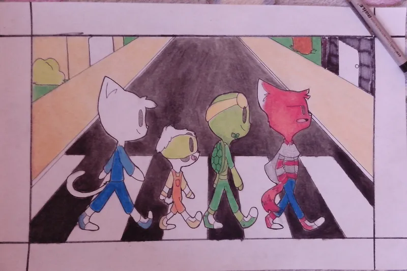 traditional art of OCs referencing the Beatles' Abbey Road