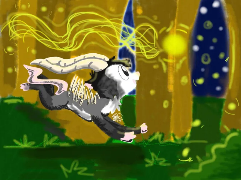 digital scene with an OC, Oscar, chasing a fairy in the forest