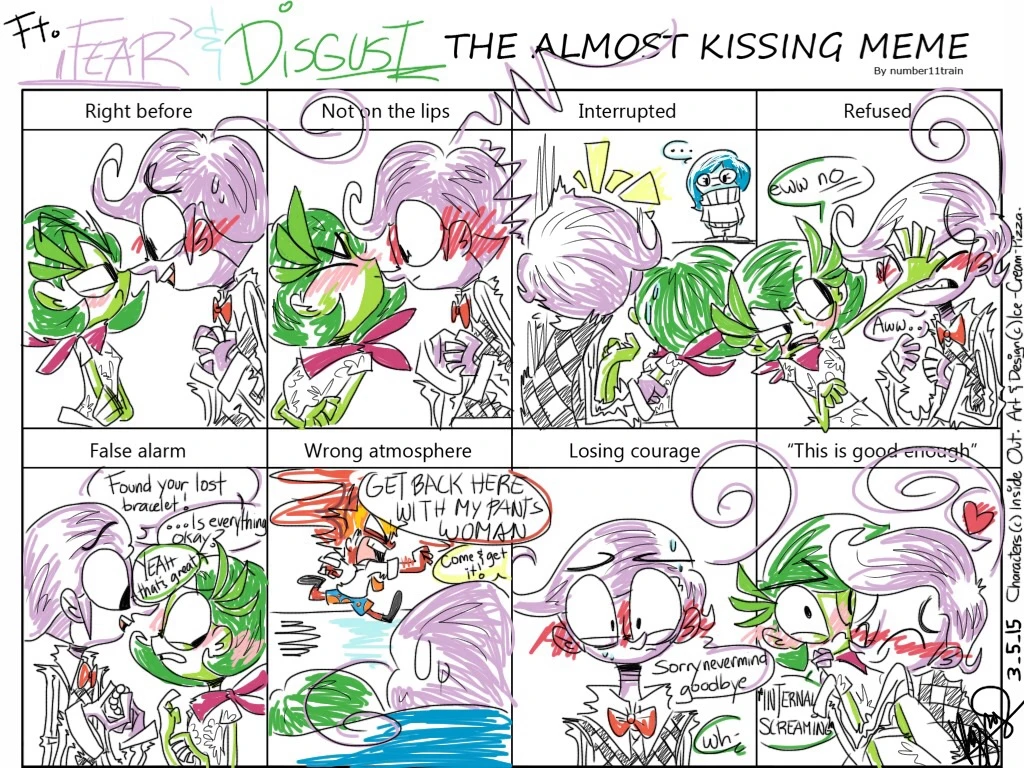 a filled-out meme template with Fear and Disgust in various almost-kissing situations.