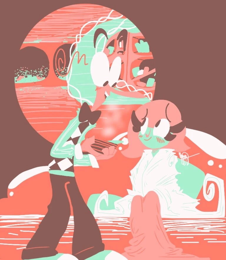 a digital piece of Fear tending to a sick Disgust with a limited palette