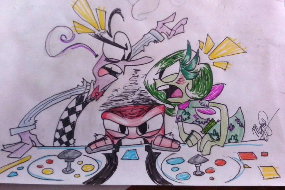 a traditional piece with Fear and Disgust arguing over Anger