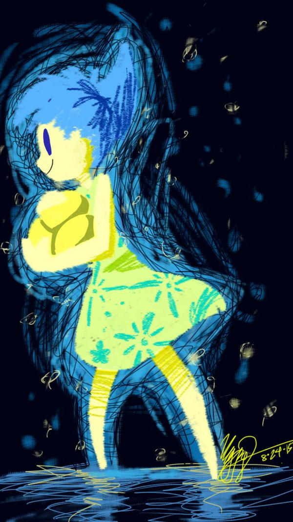 a digital piece of a simplified Joy holding memory orbs