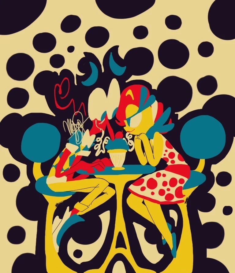 a digital piece of Fear and Disgust on a date with a retro palette