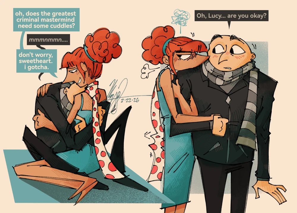 two drawings of Gru and Lucy clinging to each other