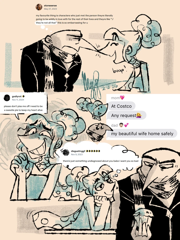 a digital sketchpage of Gru and Lucy with various tumblr posts
