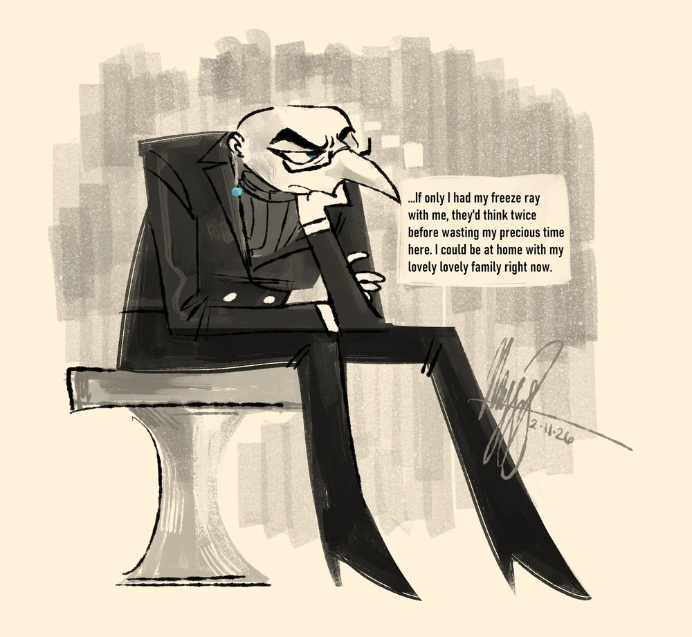 digital doodle of Gru sitting down with a grumpy expression