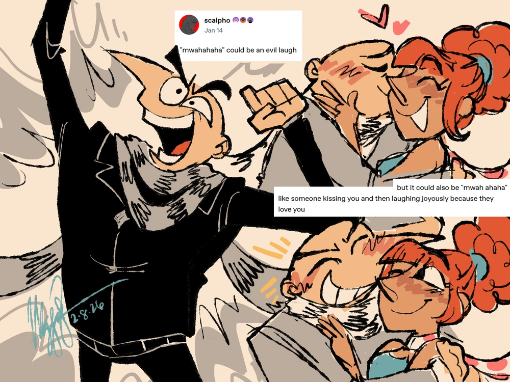 digital sketchpage of Gru laughing, and then kissing Lucy
