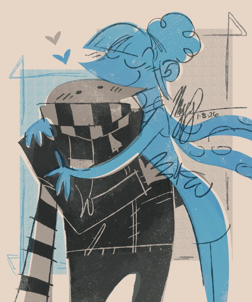 retro art of Gru and Lucy from Despicable Me hugging