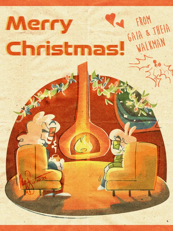 digital Christmas card-style illustration of my OCs Theia and Gaia