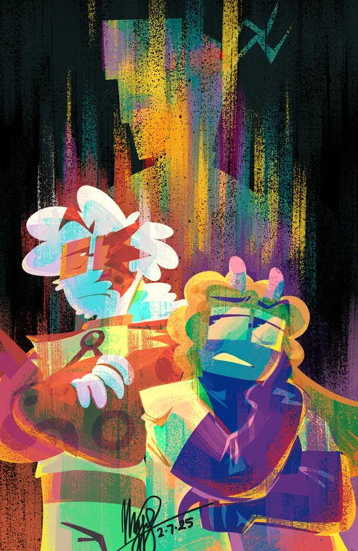 digital art of my OCs Theia and Oliz, with a ghost of Deja behind them